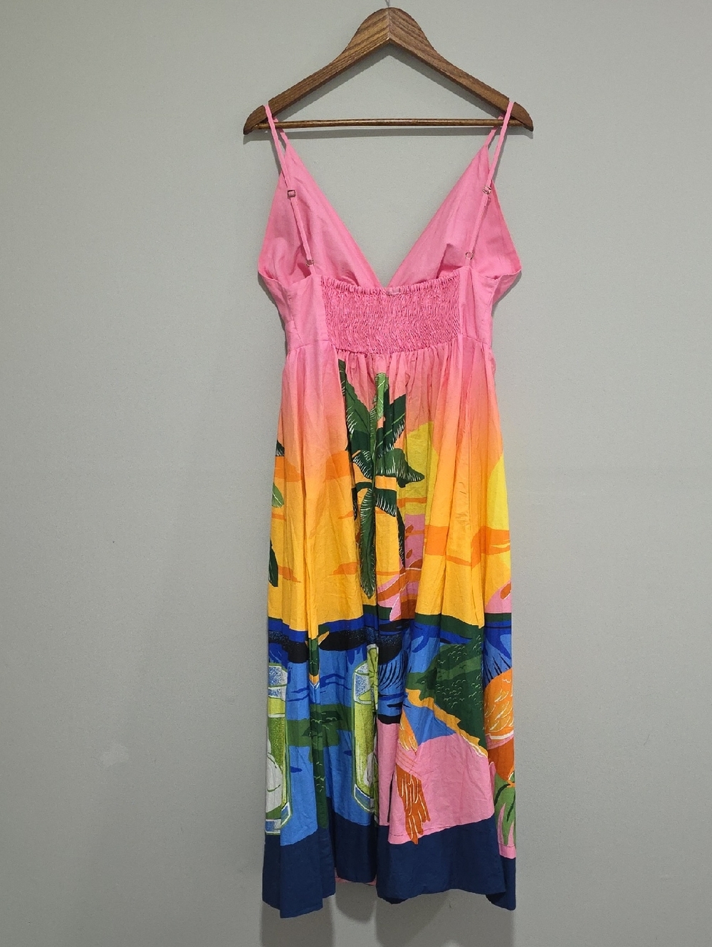 FARM RIO Tropical Sunset Toucan Palm Tree Midi Dress Size M Anthropologie - Picture 4 of 8